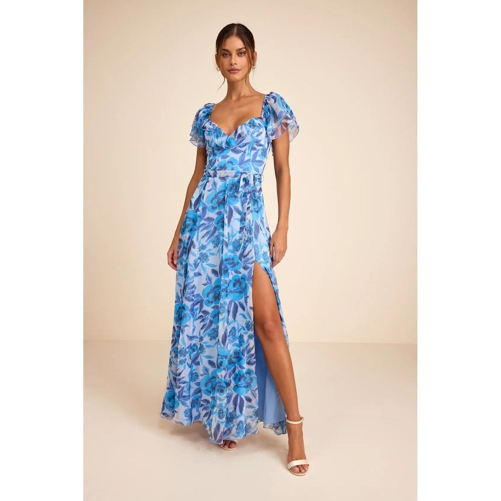 Lulus NWT Sensationally Sweeter Blue Floral Ruffled Maxi Dress - Size Medium